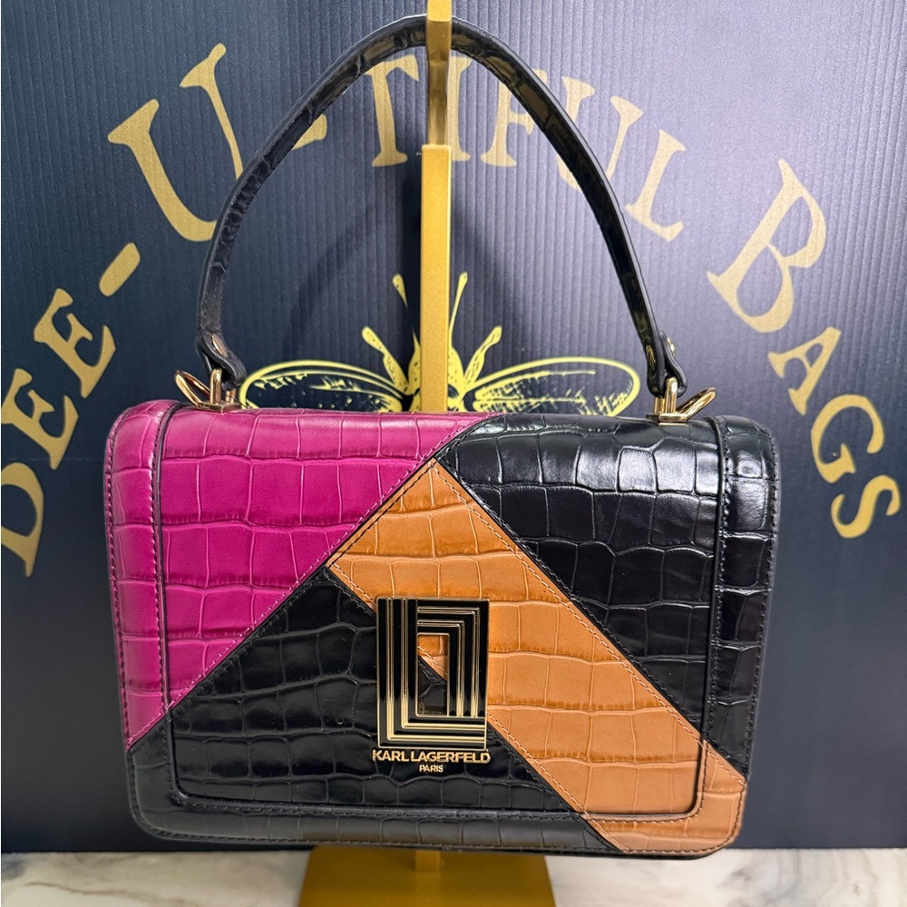 Karl Lagerfeld Paris Colorblock Croc Embossed Top Handle Bag w/ Strap & Dust Bag